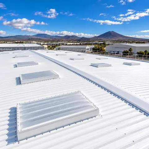 Cubierta de nave terminada en blanco con lucernarios