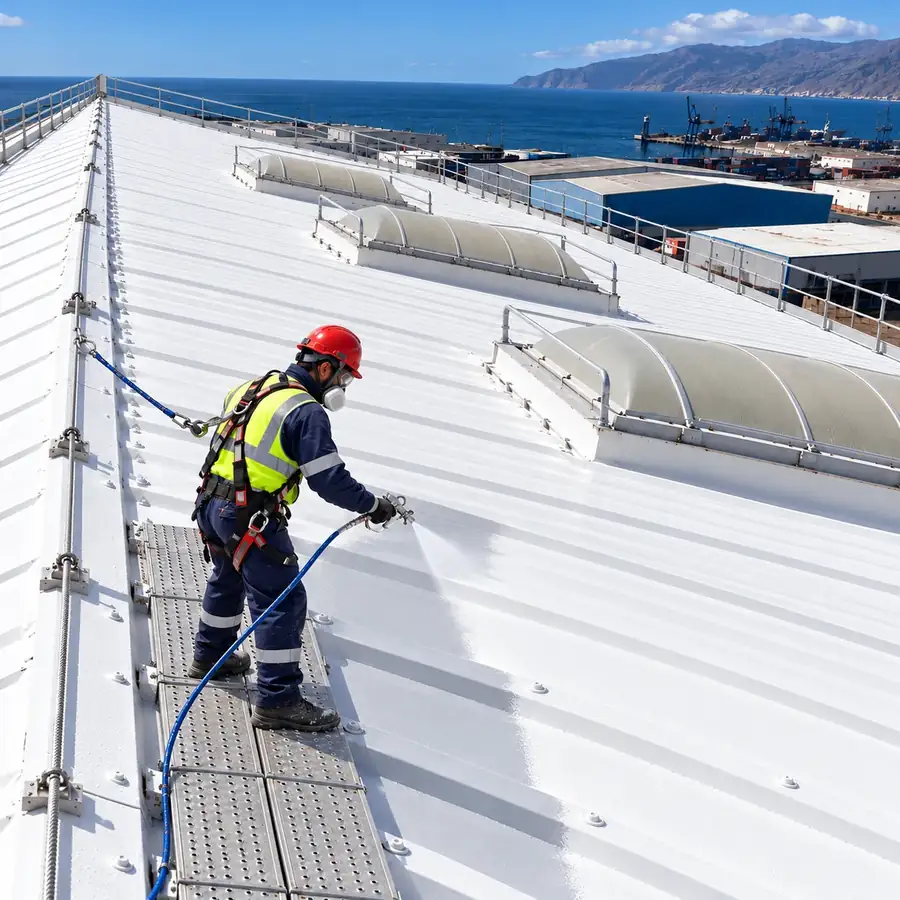 Después: cubierta de nave industrial completamente blanca y sellada, con lucernarios y operario terminando la aplicación