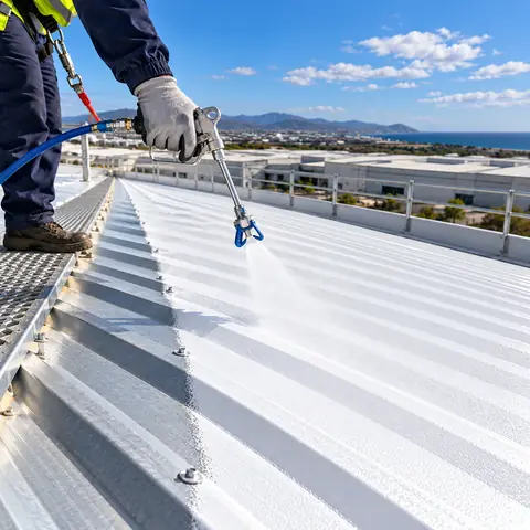 Detalle de la pistola airless proyectando el recubrimiento blanco sobre la chapa