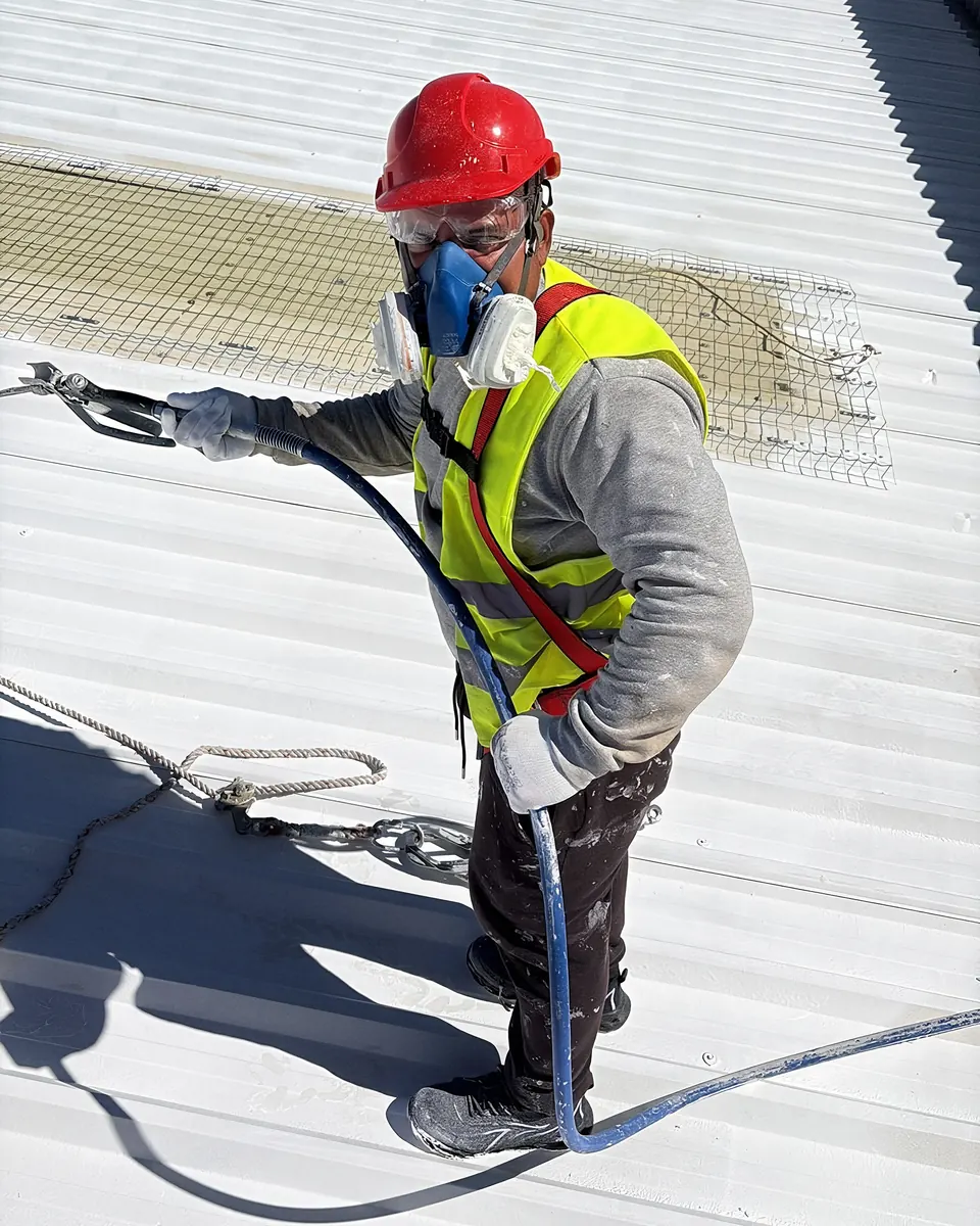 Operario de Imperion Tecpro con casco, gafas, mascarilla y arnés proyectando con pistola airless el recubrimiento termorreflectante blanco sobre la cubierta de chapa de una nave en Gran Canaria